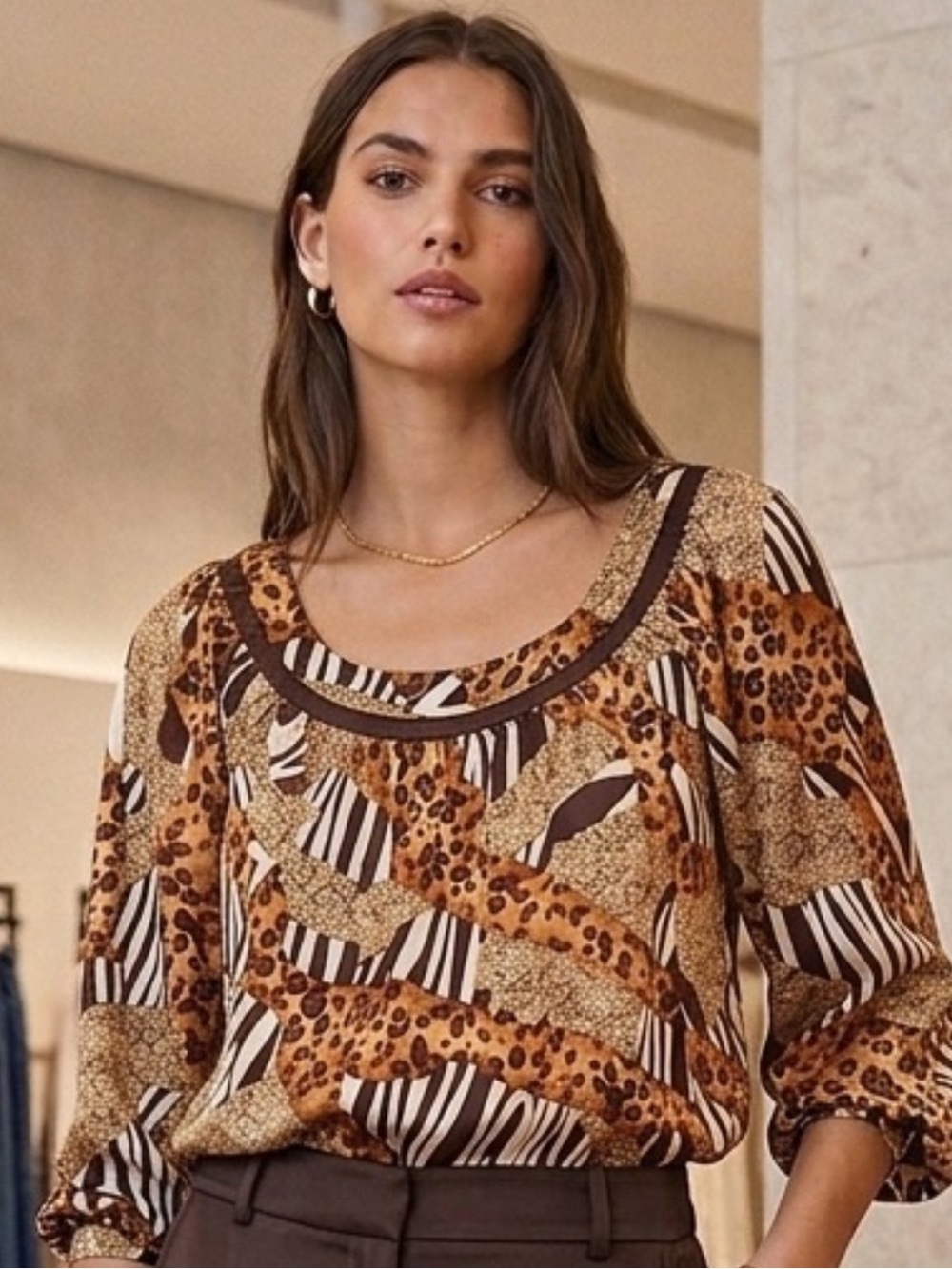 Printed Animal-Print Scoop Neck Blouse - Brown/Multi